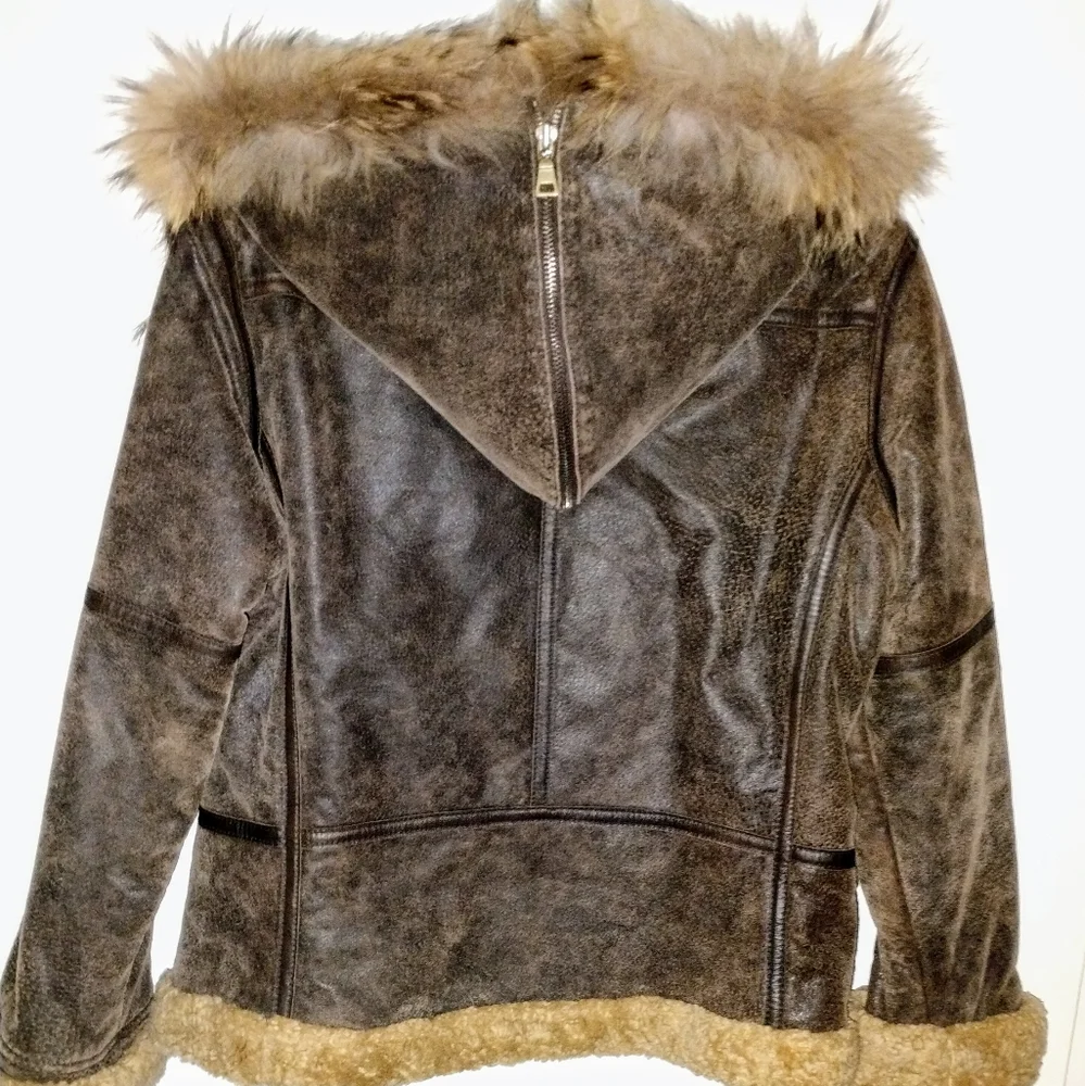 a.n.a Brown Faux-Leather Bomber Jacket with Faux-Shearling Trim